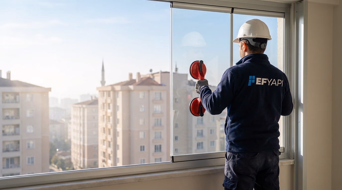 EF Yapı Dekor ekibi Eyüpsultan'da cam balkon montajı yaparken
